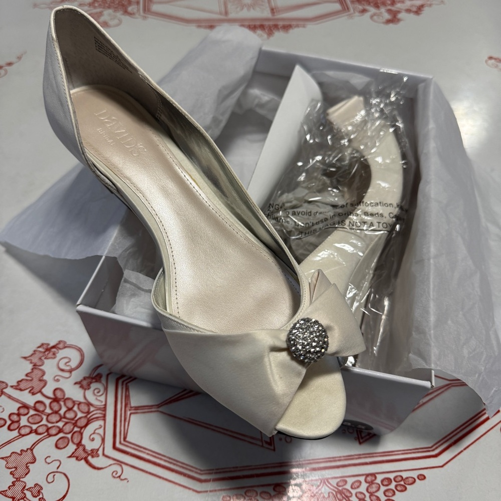 David's Bridal Cream Bow Peep-Toe Heels with Crystal Detail